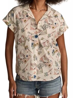 Lucky Brand cotton Button Down short sleeve postcard novelty print size XL